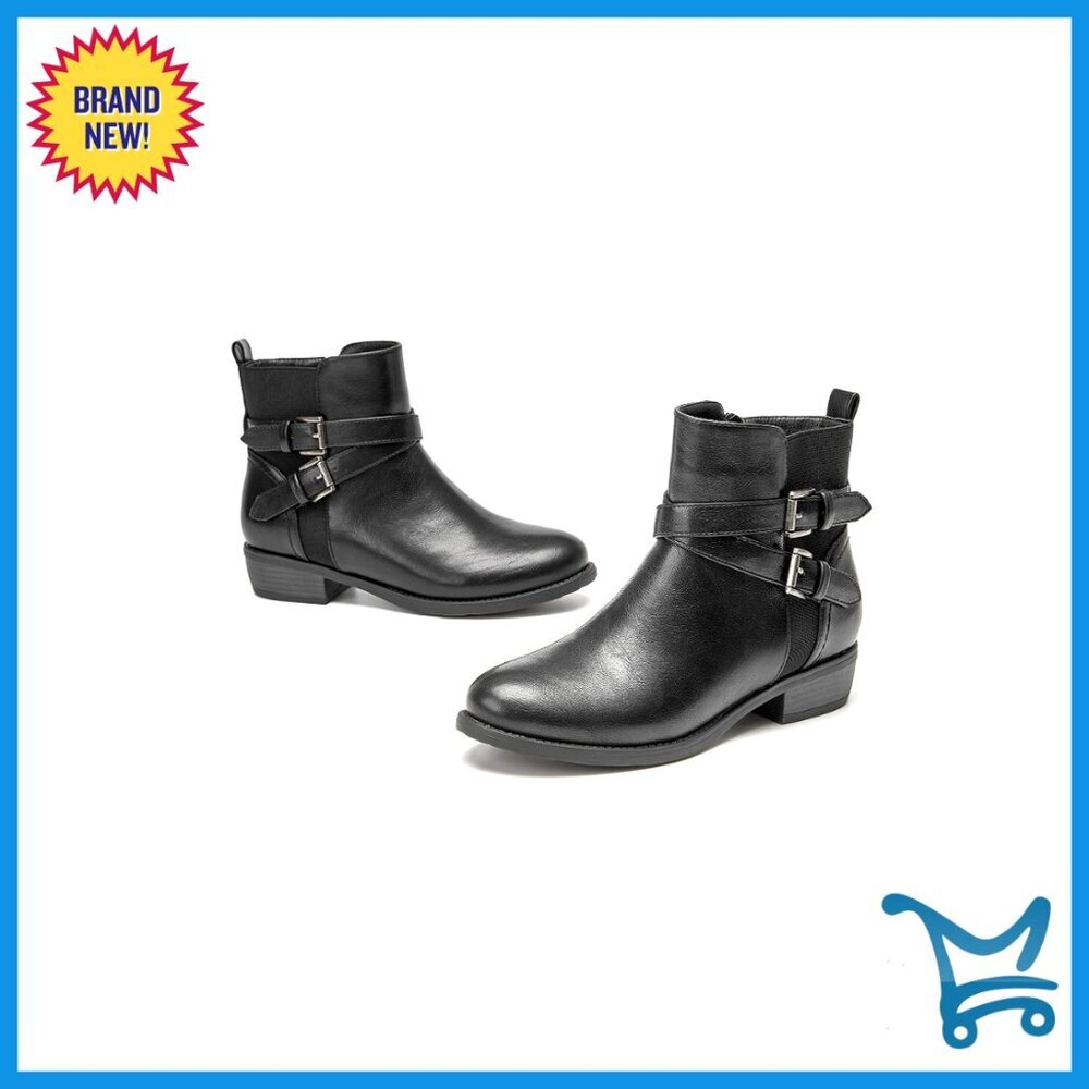 Women's Ankle Boots Round Toe Low Heel Elastic Side Zipper Buckle Strap